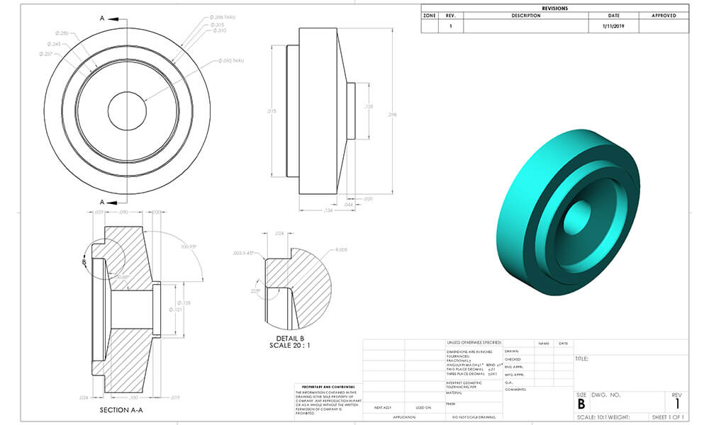 3d model diagram of precision machined plastic part